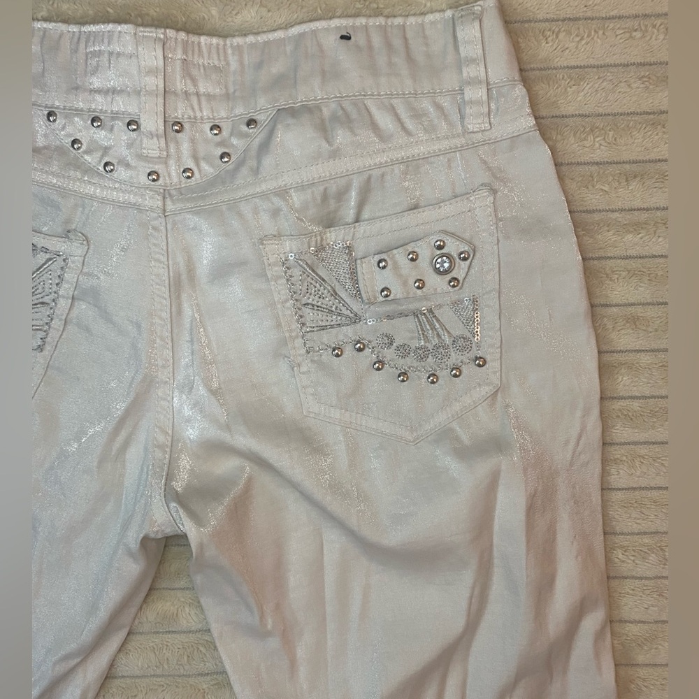 Shimmering y2k white silver capris with Studded Pockets